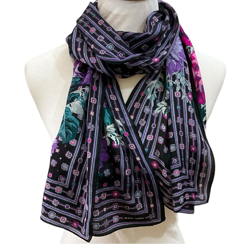 Albert Nipon Long Oblong Scarf Black Floral Geometric Purple Pink Teal Vintage